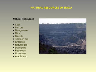 NATURAL RESOURCES OF INDIA
Natural Resources
● Coal
● Iron ore
● Manganese
● Mica
● Bauxite
● Titanium ore
● Chromite
● Natural gas
● Diamonds
● Petroleum
● Limestone
● Arable land
 