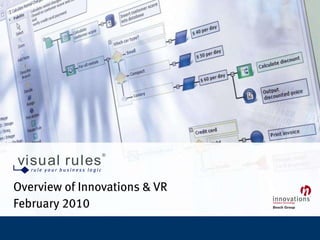 ®
  visual rules
           ru le yo u r bu sin e ss lo gic


Overview of Innovations & VR
February 2010

Visual Rules   •   13-Jan-10 • Slide 1 • © Innovations Software Technology. All rights reserved, also regarding any disposal, exploitation, reproduction, editing, distribution.
 