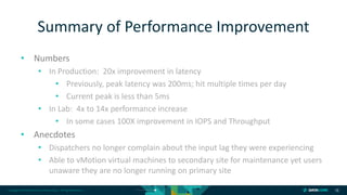 Copyright © 2018 DataCore Software Corp. – All Rights Reserved.
• Numbers
• In Production: 20x improvement in latency
• Previously, peak latency was 200ms; hit multiple times per day
• Current peak is less than 5ms
• In Lab: 4x to 14x performance increase
• In some cases 100X improvement in IOPS and Throughput
• Anecdotes
• Dispatchers no longer complain about the input lag they were experiencing
• Able to vMotion virtual machines to secondary site for maintenance yet users
unaware they are no longer running on primary site
18
Summary of Performance Improvement
 