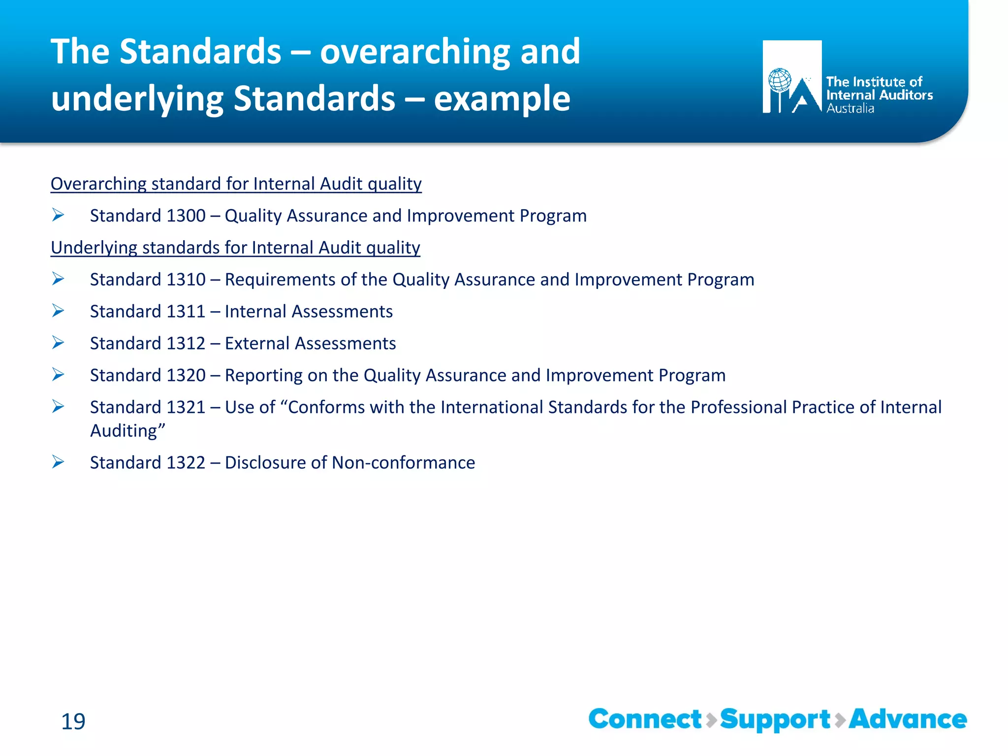 The Standards – overarching and
underlying Standards – example
Overarching standard for Internal Audit quality
 Standard 1300 – Quality Assurance and Improvement Program
Underlying standards for Internal Audit quality
 Standard 1310 – Requirements of the Quality Assurance and Improvement Program
 Standard 1311 – Internal Assessments
 Standard 1312 – External Assessments
 Standard 1320 – Reporting on the Quality Assurance and Improvement Program
 Standard 1321 – Use of “Conforms with the International Standards for the Professional Practice of Internal
Auditing”
 Standard 1322 – Disclosure of Non-conformance
19
 