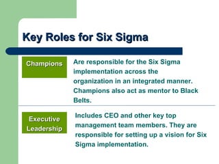 Key Roles for Six Sigma

Champions    Are responsible for the Six Sigma
             implementation across the
             organization in an integrated manner.
             Champions also act as mentor to Black
             Belts.

             Includes CEO and other key top
 Executive
             management team members. They are
Leadership
             responsible for setting up a vision for Six
             Sigma implementation.
 