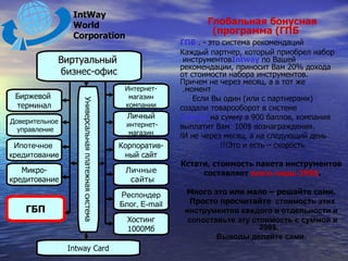 Глобальная бонусная программа (ГПБ) ГПБ  - это система рекомендаций.  Каждый партнер, который приобрел набор инструментов  Intway   по Вашей рекомендации, приносит Вам 20% дохода от стоимости набора инструментов. Причем не через месяц, а в тот же момент.  Если Вы один (или с партнерами)  создали товарооборот в системе  Intway  на сумму в 900 баллов, компания  выплатит Вам  100 $  вознаграждения.  И не через месяц, а на следующий день! Это и есть – скорость!!! Кстати, стоимость пакета инструментов  составляет  всего лишь 299 $ . Много это или мало – решайте сами.  Просто просчитайте  стоимость этих  инструментов каждого в отдельности и  сопоставьте эту стоимость с суммой в 299 $ . Выводы делайте сами.  IntWay   World   Corporation Виртуальный   бизнес-офис Интернет- магазин компании Личный интернет- магазин Корпоратив- ный сайт Личные сайты Респондер Блог,  E-mail Хостинг 1000Мб Универсальная платежная   система Intway Card ГБП Биржевой  терминал Доверительное управление Ипотечное  кредитование Микро- кредитование 