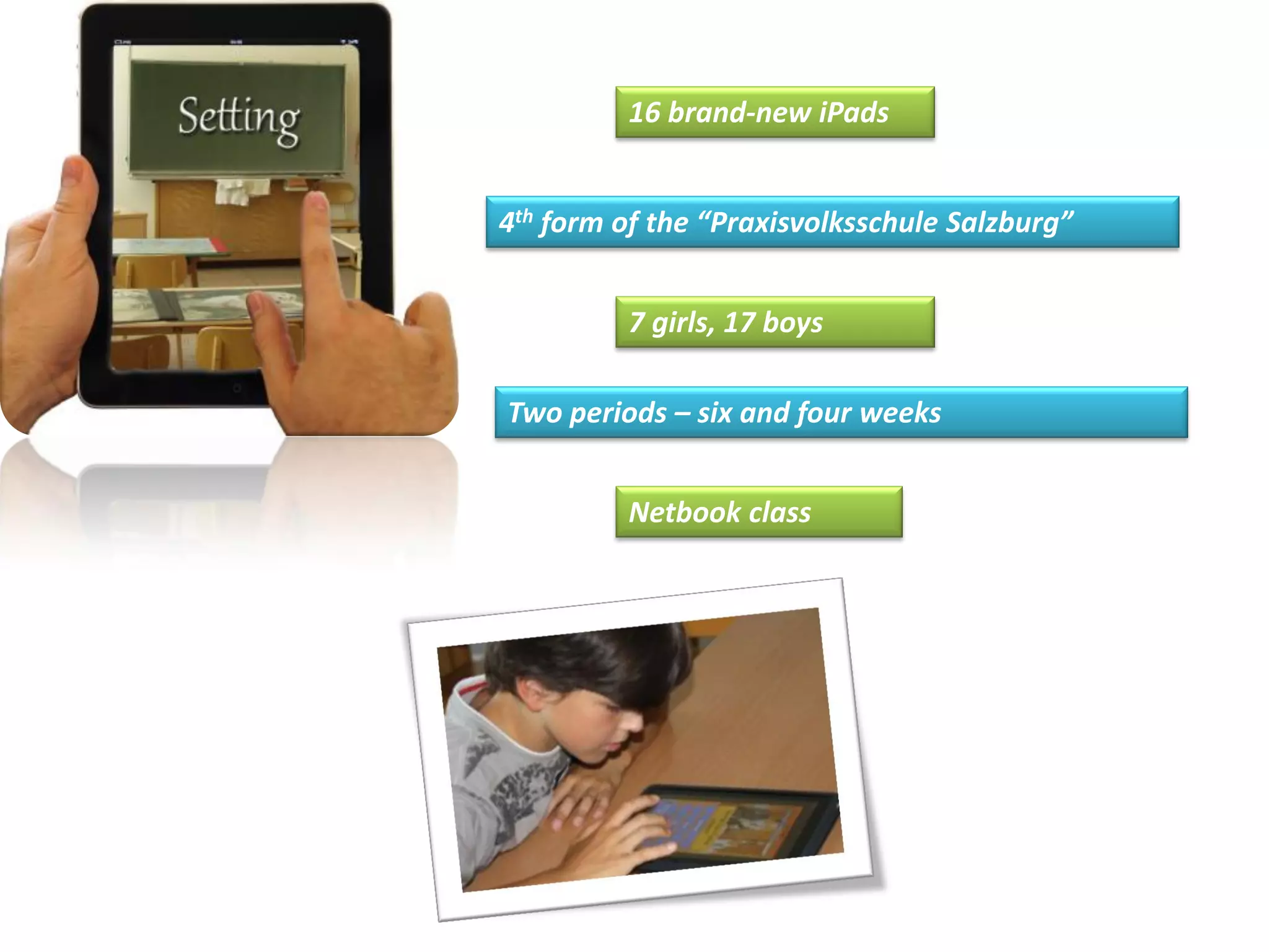 16 brand-new iPads


4th form of the “Praxisvolksschule Salzburg”


         7 girls, 17 boys

Two periods – six and four weeks


         Netbook class
 