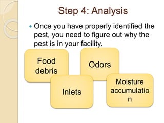 Step 4: Analysis
 Once you have properly identified the
pest, you need to figure out why the
pest is in your facility.
Odors
Moisture
accumulatio
n
Food
debris
Inlets
 