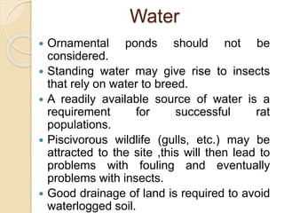 Water
 Ornamental ponds should not be
considered.
 Standing water may give rise to insects
that rely on water to breed.
 A readily available source of water is a
requirement for successful rat
populations.
 Piscivorous wildlife (gulls, etc.) may be
attracted to the site ,this will then lead to
problems with fouling and eventually
problems with insects.
 Good drainage of land is required to avoid
waterlogged soil.
 