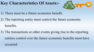 Key Characteristics Of Assets:-
1) There must be a future economic benefit.
2) The reporting entity must control the future economic
benefits.
3) The transactions or other events giving rise to the reporting
entities control over the future economic benefits must have
occurred
 
