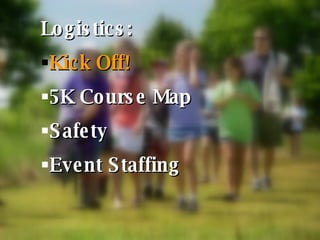 Logistics: Kick Off! 5K Course Map Safety Event Staffing 