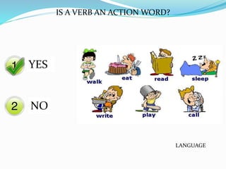 Yes
No
IS A VERB AN ACTION WORD?
OOYES
NO
LANGUAGE
 
