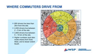 WHERE COMMUTERS DRIVE FROM
 850 drivers live less than
2km from the site.
 4,000 drivers live between
2 – 5 km of the site.
 3,800 drivers live between
5 – 10 km of the site.
 Higher numbers (and also
mode share) from East,
West, and to lesser extent
South.
 