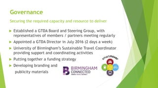 Governance
Securing the required capacity and resource to deliver
 Established a GTDA Board and Steering Group, with
representatives of members / partners meeting regularly
 Appointed a GTDA Director in July 2016 (2 days a week)
 University of Birmingham’s Sustainable Travel Coordinator
providing support and coordinating activities
 Putting together a funding strategy
 Developing branding and
publicity materials
 