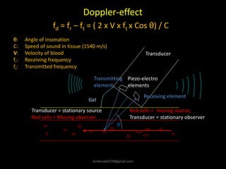 Transducer
Piezo-electro
elements
Gel
fd = fr – ft = ( 2 x V x ft x Cos θ) / C
Receiving element
Red cells = moving source,
Transducer = stationary observer
Doppler-effect
Transmitting
element
Transducer = stationary source
Red cells = Moving observer.
θ
: Angle of insonation
C: Speed of sound in tissue (1540 m/s)
V: Velocity of blood
fr: Receiving frequency
ft: Transmitted frequency
kimbredahl79@gmail.com
 
