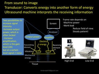 Output power
Electric
energy
Transmitting
element
Receiving
element
Amplifier
Analyser
Screen
From sound to image
Transducer: Converts energy into another form of energy
Ultrasound machine interprets the receiving information
Mechanical
energy
Vibration
Tissue
High-End
Frame rate depends on
-Machine power
-Work load
Reduce field of view.
Steady patient!
Low-End
Two possibilities to
increase signal
intensity
-Increase output
power, which is
often locked
- Increase
amplification,
which is the gain
level (2D)
but at a certain
level signal ≠ noise
kimbredahl79@gmail.com
 