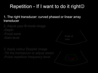 Repetition - If I want to do it right☺
Field of
view
1. The right transducer: curved phased or linear array
transducer
2. Adjust your B-mode image
-Depth
-Focal zone
-Gain level
3. Apply colour Doppler image
-Tilt the transducer or adjust steering level
-Pulse repetition frequency level
 