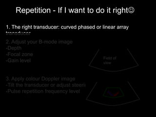 Repetition - If I want to do it right☺
Field of
view
1. The right transducer: curved phased or linear array
transducer
2. Adjust your B-mode image
-Depth
-Focal zone
-Gain level
3. Apply colour Doppler image
-Tilt the transducer or adjust steering level
-Pulse repetition frequency level
 