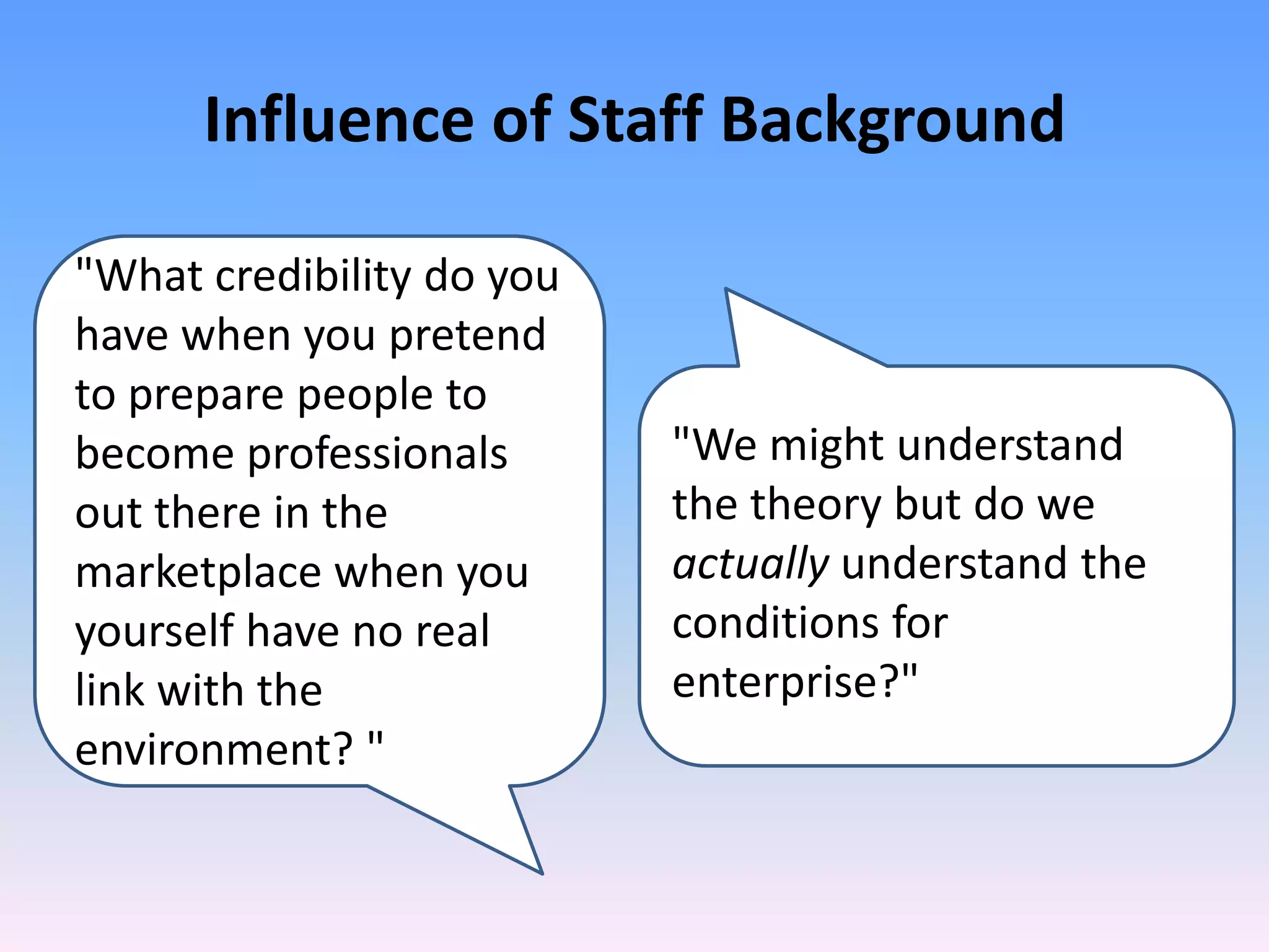 Influence of Staff Background

"What credibility do you
have when you pretend
to prepare people to
become professionals       "We might understand
out there in the           the theory but do we
marketplace when you       actually understand the
yourself have no real      conditions for
link with the              enterprise?"
environment? "
 