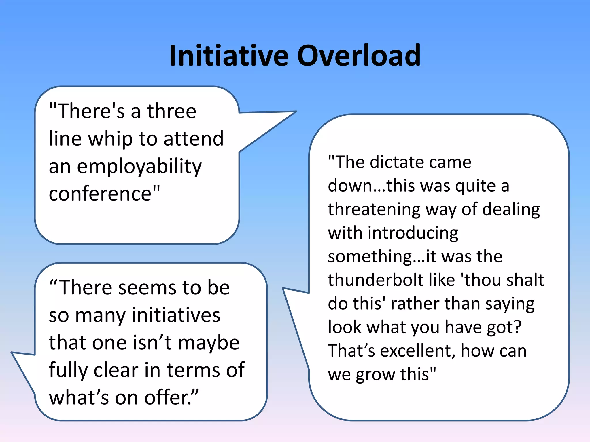 Initiative Overload
"There's a three
line whip to attend
an employability          "The dictate came
conference"               down…this was quite a
                          threatening way of dealing
                          with introducing
                          something…it was the
“There seems to be        thunderbolt like 'thou shalt
                          do this' rather than saying
so many initiatives       look what you have got?
that one isn’t maybe      That’s excellent, how can
fully clear in terms of   we grow this"
what’s on offer.”
 