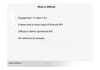 What is difficult



         -    Engagement  make it fun

         -    It takes time to show result of financial KPI

         -    Difficult to define operational KPI

         -    No reference to compare




Azadeh Fazl Mashhadi                      Slide 20
 