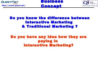 http://www.quest.net/
Business
Concept
Do you know the difference between
Interactive Marketing
& Traditional Marketing ?
Do you have any idea how they are
paying in
Interactive Marketing?
 
