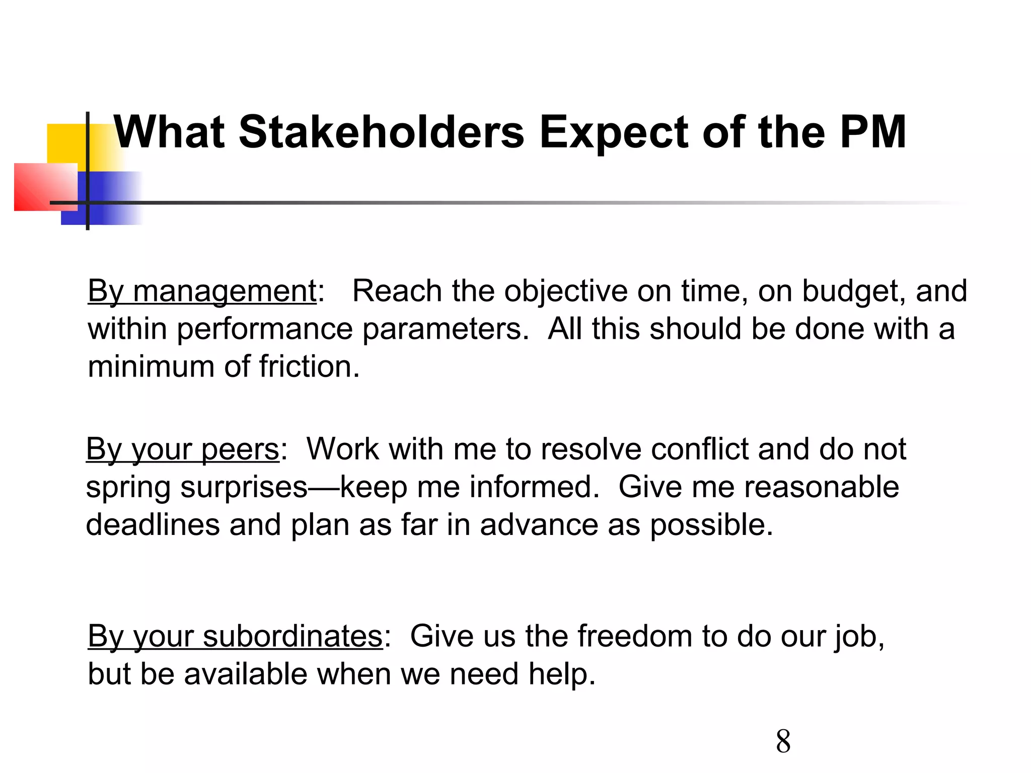 What Stakeholders Expect of the PM

By management: Reach the objective on time, on budget, and
within performance parameters. All this should be done with a
minimum of friction.
By your peers: Work with me to resolve conflict and do not
spring surprises—keep me informed. Give me reasonable
deadlines and plan as far in advance as possible.
By your subordinates: Give us the freedom to do our job,
but be available when we need help.

8

 