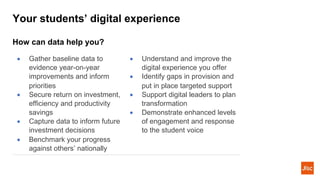 Your students’ digital experience
How can data help you?
• Gather baseline data to
evidence year-on-year
improvements and inform
priorities
• Secure return on investment,
efficiency and productivity
savings
• Capture data to inform future
investment decisions
• Benchmark your progress
against others’ nationally
• Understand and improve the
digital experience you offer
• Identify gaps in provision and
put in place targeted support
• Support digital leaders to plan
transformation
• Demonstrate enhanced levels
of engagement and response
to the student voice
 