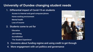 University of Dundee changing student needs
1. Differential impact of Covid-19 on students
Access to Internet and good computer/phone
Home working environment
Mental health
Loss of income
2. Students come to uni for
Education
Job training
Accreditation
‘The Student Experience’
3. Concerns about funding regime and using credit to get through
4. More engagement with uni politics and governance
 