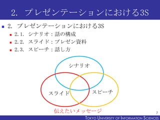 2. プレゼンテーションにおける3S
   2. プレゼンテーションにおける3S
       2.1. シナリオ：話の構成
       2.2. スライド：プレゼン資料
       2.3. スピーチ：話し方


                   シナリオ




               スライド        スピーチ


                伝えたいメッセージ                                     7
                       TOKYO UNIVERSITY OF ITOKYO JOHO USCIENCES
                                            NFORMATION NIVERSITY
 