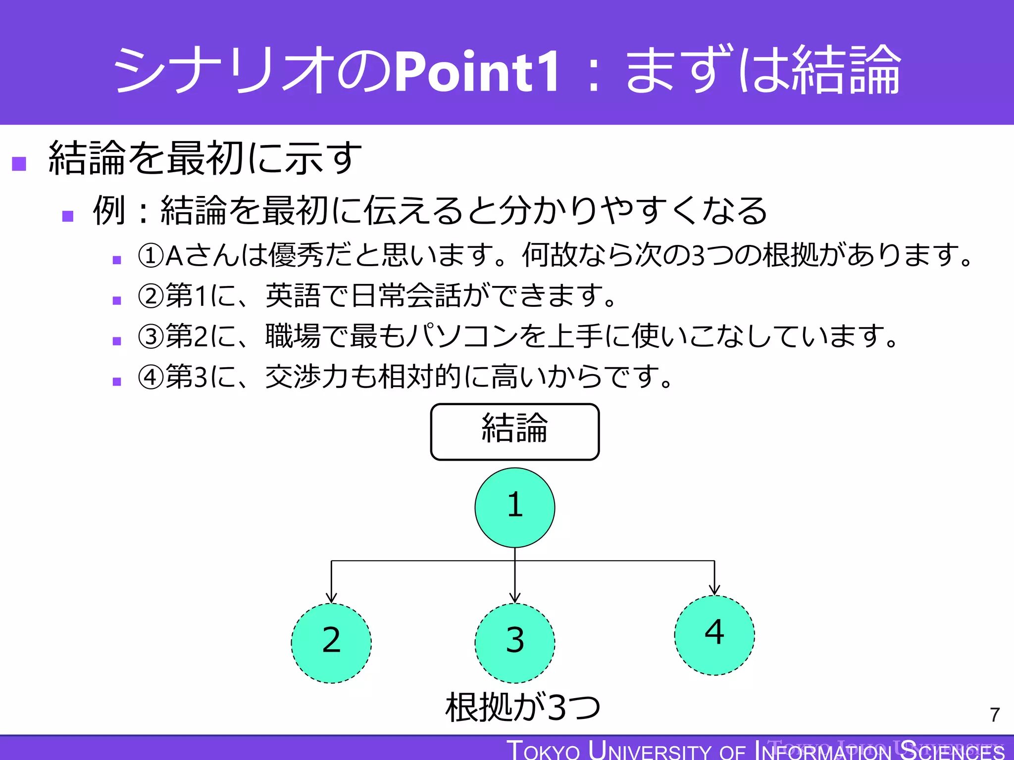 TOKYO JOHO UNIVERSITY
シナリオのPoint1：まずは結論
 結論を最初に示す
 例：結論を最初に伝えると分かりやすくなる
 ①Aさんは優秀だと思います。何故なら次の3つの根拠があります。
 ②第1に、英語で日常会話ができます。
 ③第2に、職場で最もパソコンを上手に使いこなしています。
 ④第3に、交渉力も相対的に高いからです。
7
結論
1
2 3 4
根拠が3つ
 
