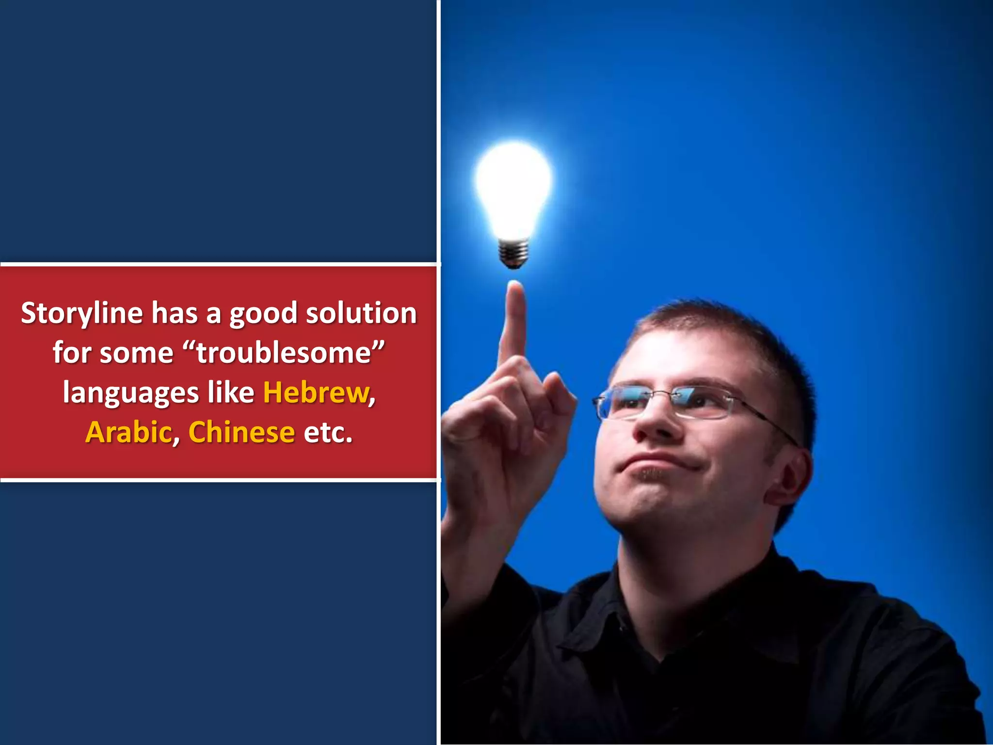 Storyline has a good solution
for some “troublesome”
languages like Hebrew,
Arabic, Chinese etc.
 