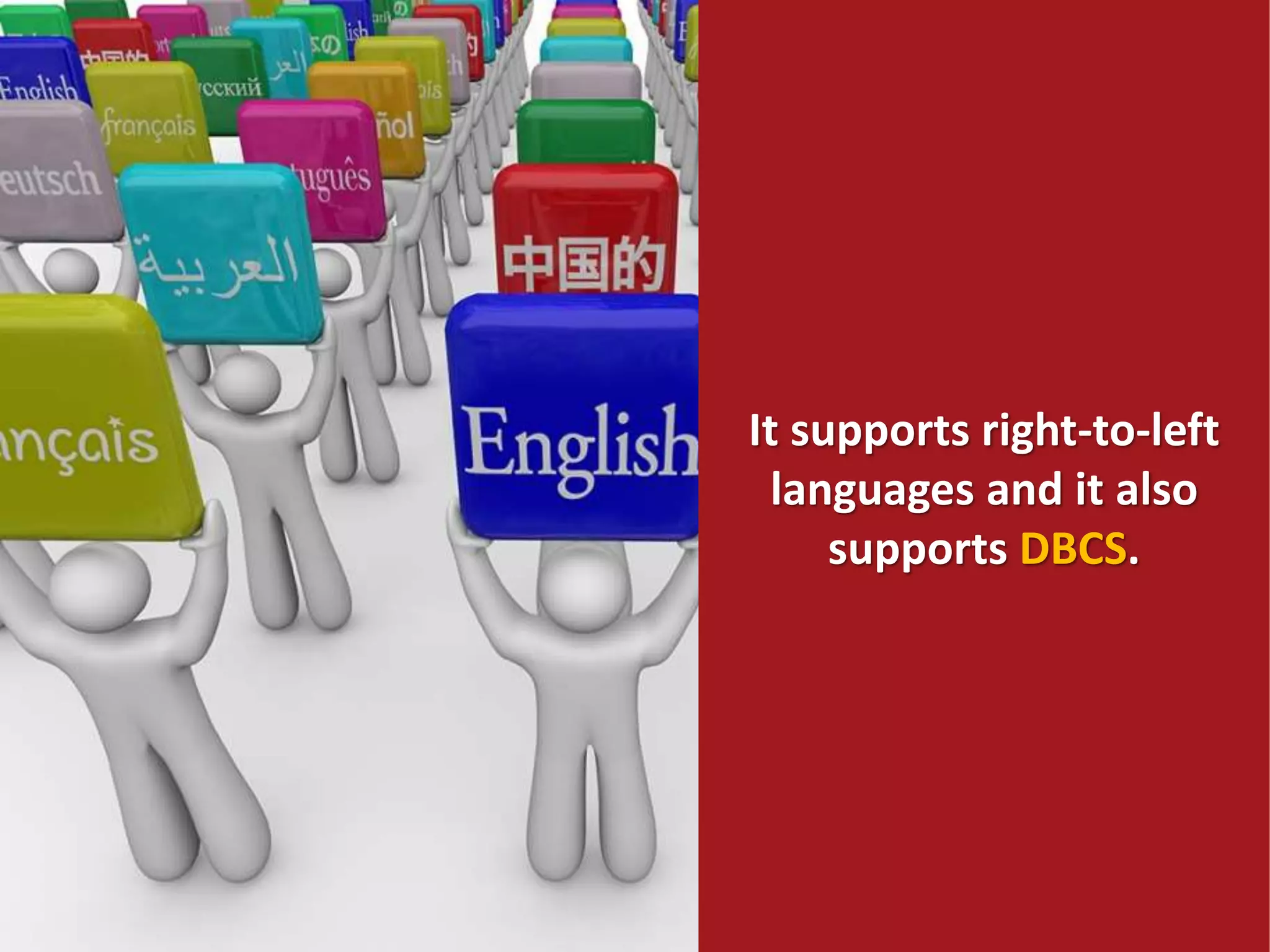 It supports right-to-left
languages and it also
supports DBCS.
 