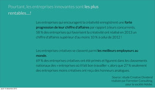 Les entreprises qui encouragent la créativité enregistrent une forte
progression de leur chiffre d'affaires par rapport à leurs concurrents.
58 % des entreprises qui favorisent la créativité ont réalisé en 2013 un
chiffre d'affaires supérieur d'au moins 10 % à celui de 2012 !
Les entreprises créatives se classent parmi les meilleurs employeurs au
monde.
69 % des entreprises créatives ont été primés et ﬁgurent dans les classements
nationaux des « entreprises où il fait bon travailler », alors que 27 % seulement
des entreprises moins créatives ont reçu des honneurs analogues.
Source : étude Creative Dividend
réalisée par Forrester Consulting,
pour la société Adobe.
Pourtant, les entreprises innovantes sont les plus
rentables....!
jeudi 10 décembre 2015
 