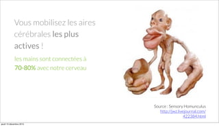 les mains sont connectées à
70-80% avec notre cerveau
Vous mobilisez les aires
cérébrales les plus
actives !
Source : Sensory Homunculus
http://jwz.livejournal.com/
422384.html
jeudi 10 décembre 2015
 