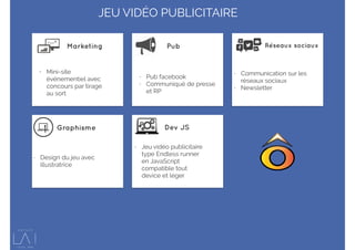 • Mini-site
événementiel avec
concours par tirage
au sort
- Pub facebook
- Communiqué de presse
et RP
- Communication sur les
réseaux sociaux
- Newsletter
- Design du jeu avec
illustratrice
- Jeu vidéo publicitaire
type Endless runner
en JavaScript
compatible tout
device et léger
Marketing Pub Réseaux sociaux
Graphisme Dev JS
JEU VIDÉO PUBLICITAIRE
 