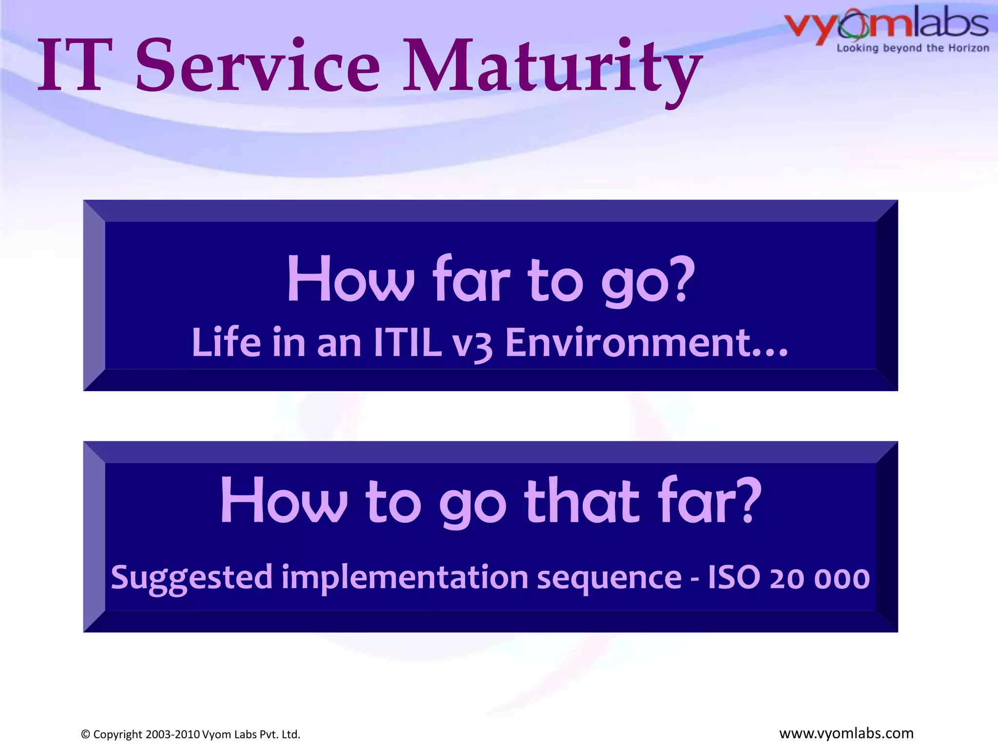 IT Service MaturityHow far to go?Life in an ITIL v3 Environment…How to go that far?Suggested implementation sequence - ISO 20 000