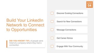 Build Your LinkedIn
Network to Connect
to Opportunities
DID YOU KNOW? 70% of people were
hired at a company where they had a
connection.
Discover Existing Connections
Search for New Connections
Message Connections
Get Career Advice
STEP
04
Engage With Your Community
 
