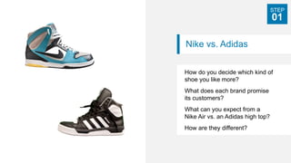 Nike vs. Adidas
How do you decide which kind of
shoe you like more?
What does each brand promise
its customers?
What can y...