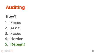 Auditing
How?
1. Focus
2. Audit
3. Focus
4. Harden
5. Repeat!
19
 
