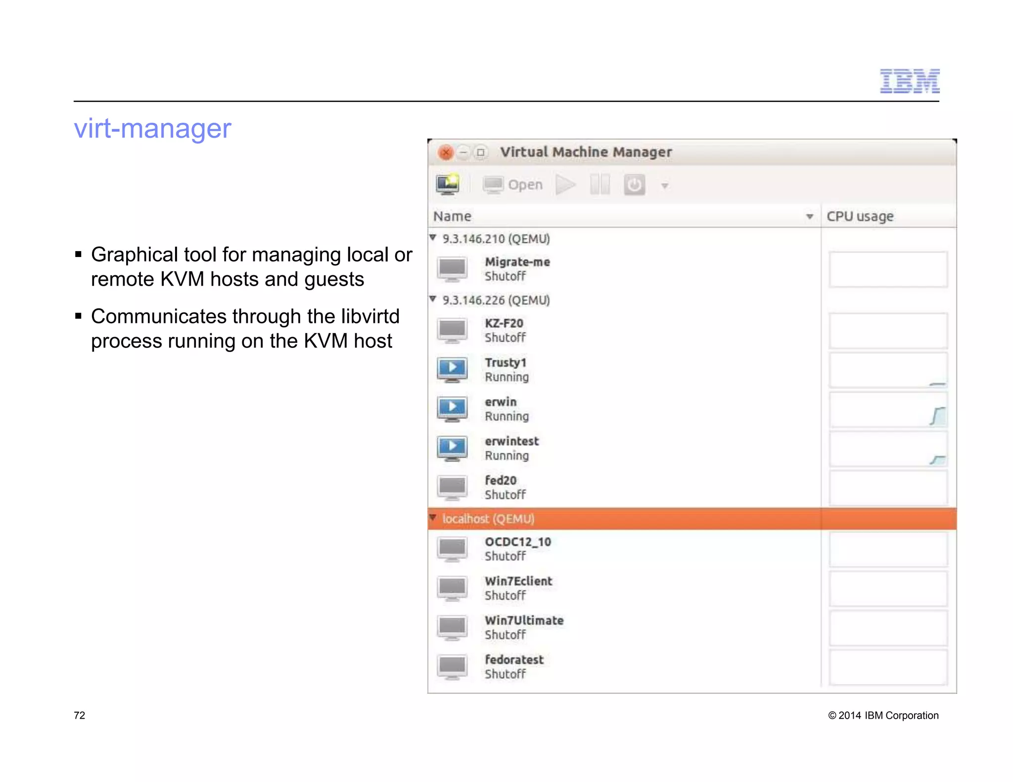 virt-manager
 Graphical tool for managing local or
remote KVM hosts and guests
 Communicates through the libvirtd
process running on the KVM host
72 © 2014 IBM Corporation
 