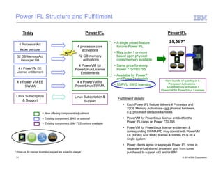 Power IFL Structure and Fulfillment
32 GB Memory Act
#xxxx per GB
4 x PowerVM EE
License entitlement
4 x Power VM EE
SWMA
Linux Subscription
& Support
Today
4 Processor Act
#xxxx per core
Power IFL
= New offering component/adjustment
= Existing component, BAU or optional
= Existing component, IBM TSS options available
• A single priced feature
for one Power IFL
• May order 1 or more
based upon physical
cores/memory available
• Same price for every
Power 770/780/795
• Available for Power7
and Power7+ models
• 70 PVU SWG licensing
Fulfillment details:
• Each Power IFL feature delivers 4 Processor and
32GB Memory Activations– not physical hardware,
e.g. processor cards/books/nodes
• PowerVM for PowerLinux license entitled for the
Power IFL cores on Power 770-795
• PowerVM for PowerLinux license entitlement &
corresponding SWMA PID may coexist with PowerVM
EE (for AIX &/or IBM i) license & SWMA PIDs on a
single system
• Power clients agree to segregate Power IFL cores in
separate virtual shared processor pool from cores
purchased to support AIX and/or IBM i
4 processor core
activations
2 GB memory
activations
4 PowerVM for
PowerLinux License
Entitlements
3
4 x PowerVM for
PowerLinux SWMA
* Prices are for concept illustration only and are subject to change/
Linux Subscription &
Support
$8,591*
Hard bundle of quantity of 4:
Processor Activations +
32GB Memory activation +
PowerVM for PowerLinux Licenses
Power IFL
31 © 2014 IBM Corporation
 
