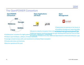 The OpenPOWER Consortium
Collaborative innovation for highly advanced servers, subsystems, components
Produce open hardware, software, firmware and tools
Leverage complementary skills and investment to enhance Power ecosystem
Provide alternative architectures
Become operational this year
OpenPOWER
Consortium
Deployment on premise or via cloud; se
Simplified management spanning platfo
Access to industry innovation from a broadCodnesviestloepnmt menatncaogmemmeunntiteyxpaeroriuenndceOapcer
Optimize popular scripting languages & open development tools for Linux on Pow
Open
Management
Open Applications
and Tools
Contribute innovation to Linux, KVM and OpenStack for enhanced enterprise capa
JavaScript
76 © 2014 IBM Corporation
 