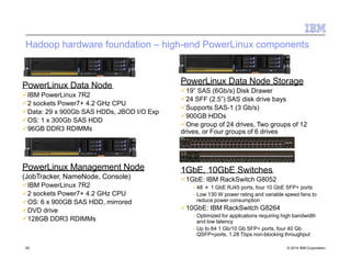 Hadoop hardware foundation – high-end PowerLinux components
PowerLinux Data Node
IBM PowerLinux 7R2
2 sockets Power7+ 4.2 GHz CPU
Data: 29 x 900Gb SAS HDDs, JBOD I/O Exp
OS: 1 x 300Gb SAS HDD
96GB DDR3 RDIMMs
PowerLinux Management Node
(JobTracker, NameNode, Console)
IBM PowerLinux 7R2
2 sockets Power7+ 4.2 GHz CPU
OS: 6 x 900GB SAS HDD, mirrored
DVD drive
128GB DDR3 RDIMMs
PowerLinux Data Node Storage
19” SAS (6Gb/s) Disk Drawer
24 SFF (2.5”) SAS disk drive bays
Supports SAS-1 (3 Gb/s)
900GB HDDs
One group of 24 drives, Two groups of 12
drives, or Four groups of 6 drives
1GbE, 10GbE Switches
1GbE: IBM RackSwitch G8052
– 48 × 1 GbE RJ45 ports, four 10 GbE SFP+ ports
– Low 130 W power rating and variable speed fans to
reduce power consumption
10GbE: IBM RackSwitch G8264
– Optimized for applications requiring high bandwidth
and low latency
– Up to 64 1 Gb/10 Gb SFP+ ports, four 40 Gb
QSFP+ports, 1.28 Tbps non-blocking throughput
83 © 2014 IBM Corporation
 