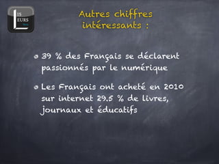 Autres chiffres
         intéressants :


39 % des Français se déclarent
passionnés par le numérique!

Les Français ont acheté en 2010
sur internet 29.5 % de livres,
journaux et éducatifs 
 