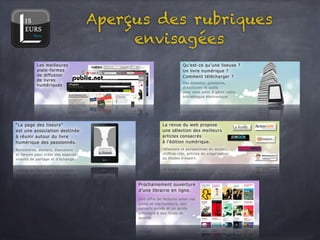 Aperçus des rubriques
     envisagées
 