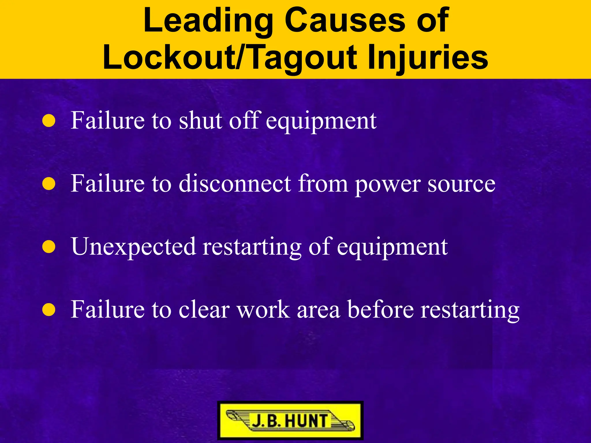 Leading Causes of
Lockout/Tagout Injuries
 Failure to shut off equipment
 Failure to disconnect from power source
 Unexpected restarting of equipment
 Failure to clear work area before restarting
 