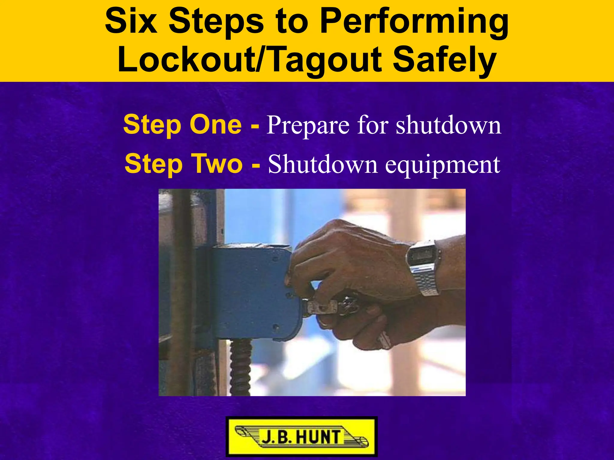 Six Steps to Performing
Lockout/Tagout Safely
Step One - Prepare for shutdown
Step Two - Shutdown equipment
 