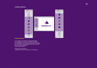 4/12
LE MENU PRINCIPAL
6 Menus déroulants :
1▪ Les objets, les fournisseurs, les déménagements...
2▪ La localisation, les sites, les batiments, les étages...
3▪ Les utilisateurs, les services, les directions, les sociétés...
4▪ L'etat du bien, les caractéristiques,les types de locaux...
5▪ Les profils des utilisateurs...
6▪ Les imports /exports...
Principe de fonctionnement :
▪ Selectionnez un menu et cliquez sur l'icone desirée
 