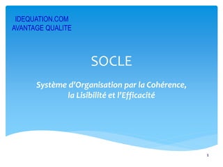 IDEQUATION.COM
AVANTAGE QUALITE



                    SOCLE
      Système d’Organisation par la Cohérence,
              la Lisibilité et l’Efficacité




                                                 1
 
