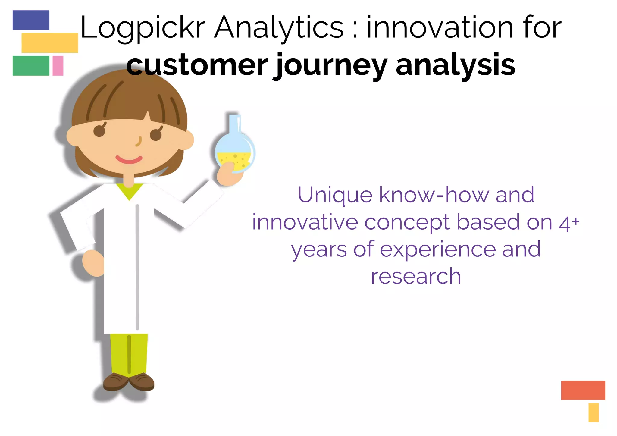 Logpickr Analytics : innovation for
customer journey analysis
Unique know-how and
innovative concept based on 4+
years of experience and
research
 