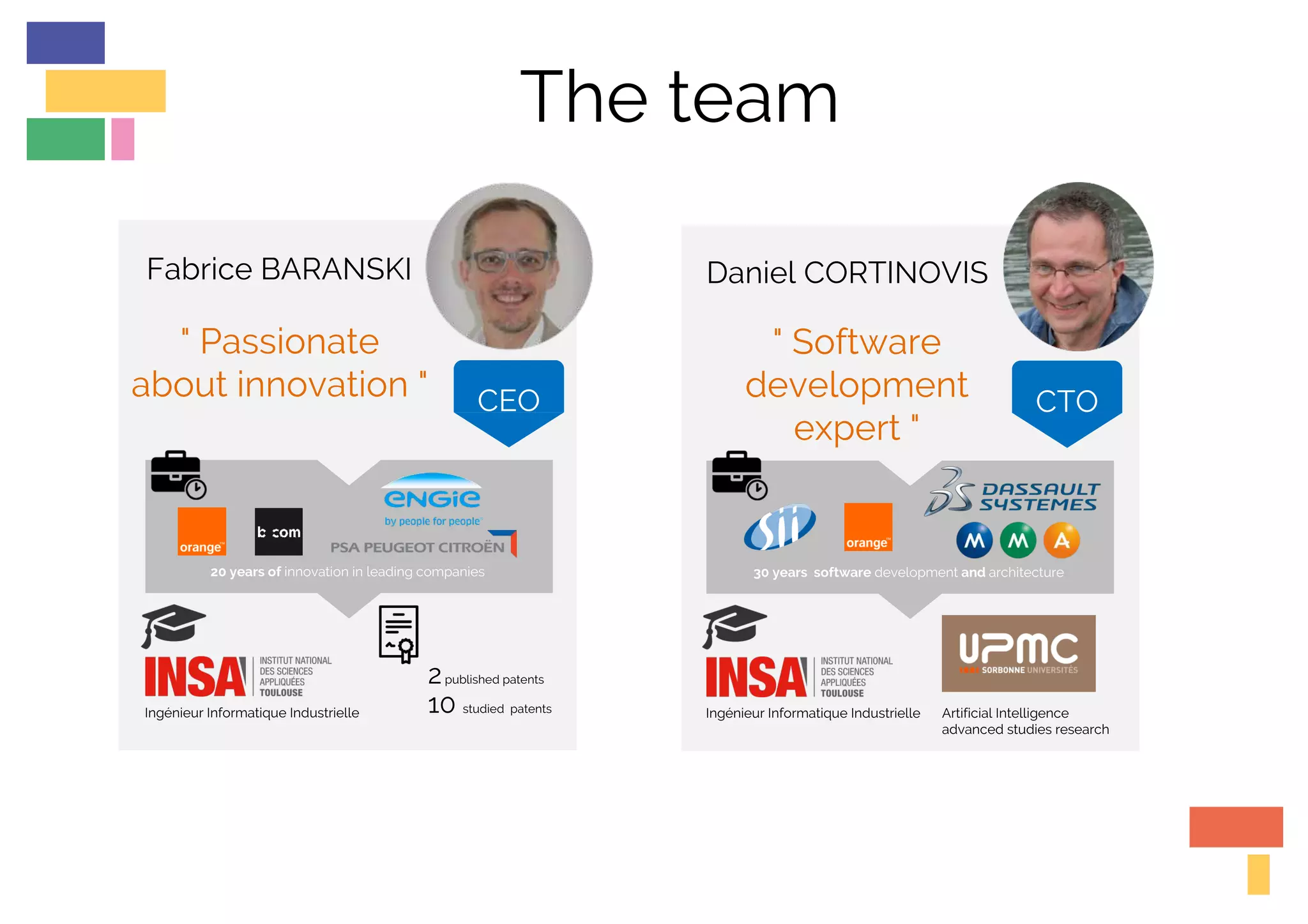 The team
Fabrice BARANSKI Daniel CORTINOVIS
CEO CTO
" Passionate
about innovation "
" Software
development
expert "
20 years of innovation in leading companies
Ingénieur Informatique Industrielle
2published patents
10 studied patents
30 years software development and architecture
Ingénieur Informatique Industrielle Artificial Intelligence
advanced studies research
 