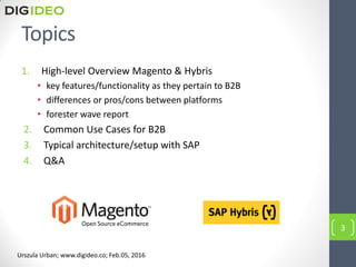 Topics
1. High-level Overview Magento & Hybris
• key features/functionality as they pertain to B2B
• differences or pros/cons between platforms
• forester wave report
2. Common Use Cases for B2B
3. Typical architecture/setup with SAP
4. Q&A
3
Urszula Urban; www.digideo.co; Feb.05, 2016
 