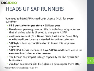 HEADS UP SAP RUNNERS
You need to have SAP Named User License (NUL) for every
customer:
• 89 € per customer per store + 18% per year
• Usually companies go around this in web shop integration so
that all online sales is directed to one generic SAP
• customer account (First Name: Web, Last Name: Sale). Only
one Named User License is needed for online customers.
• SAP hybris license conditions forbid to use this loop hole
anymore.
• SAP ERP & hybris users must have SAP Named User License for
every online customers for now on
• The license cost impact is huge especially for SAP hybris B2C
businesses
• 2 million customers x 89 € = 178 m€ + 32 m€/year there after
6
Urszula Urban; www.digideo.co; Feb.05, 2016
 